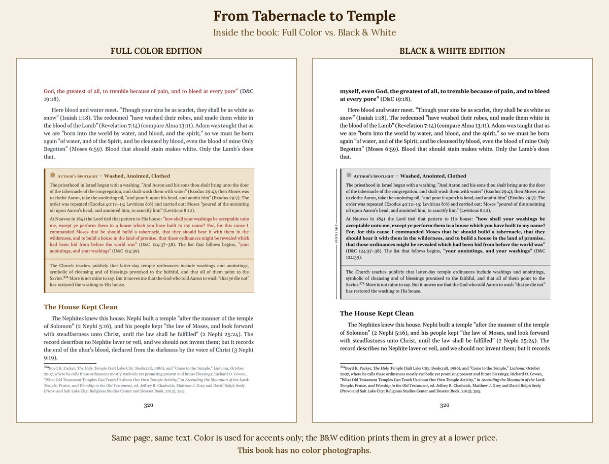 Inside the book: the same page in the full-color edition and the black & white edition, side by side