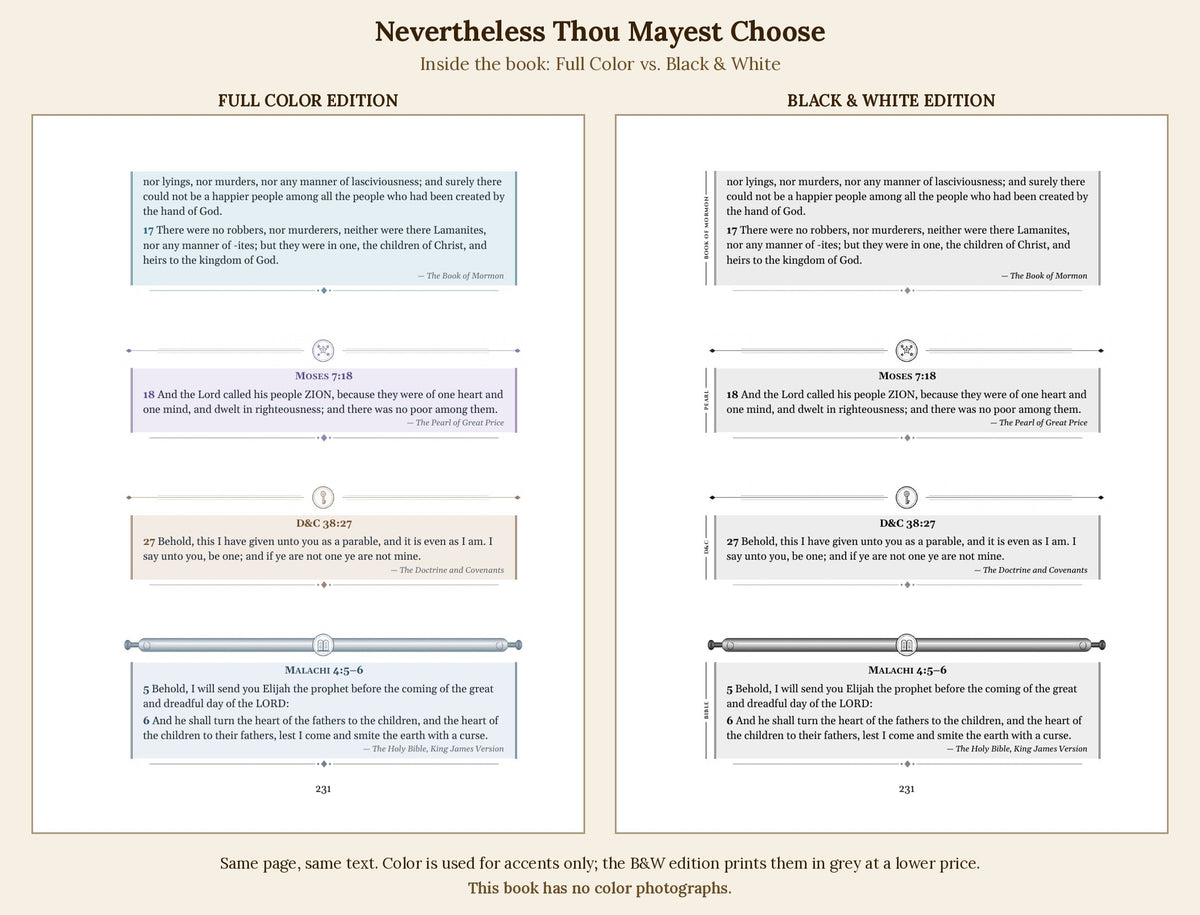 Inside the book: the same page in the full-color edition and the black & white edition, side by side