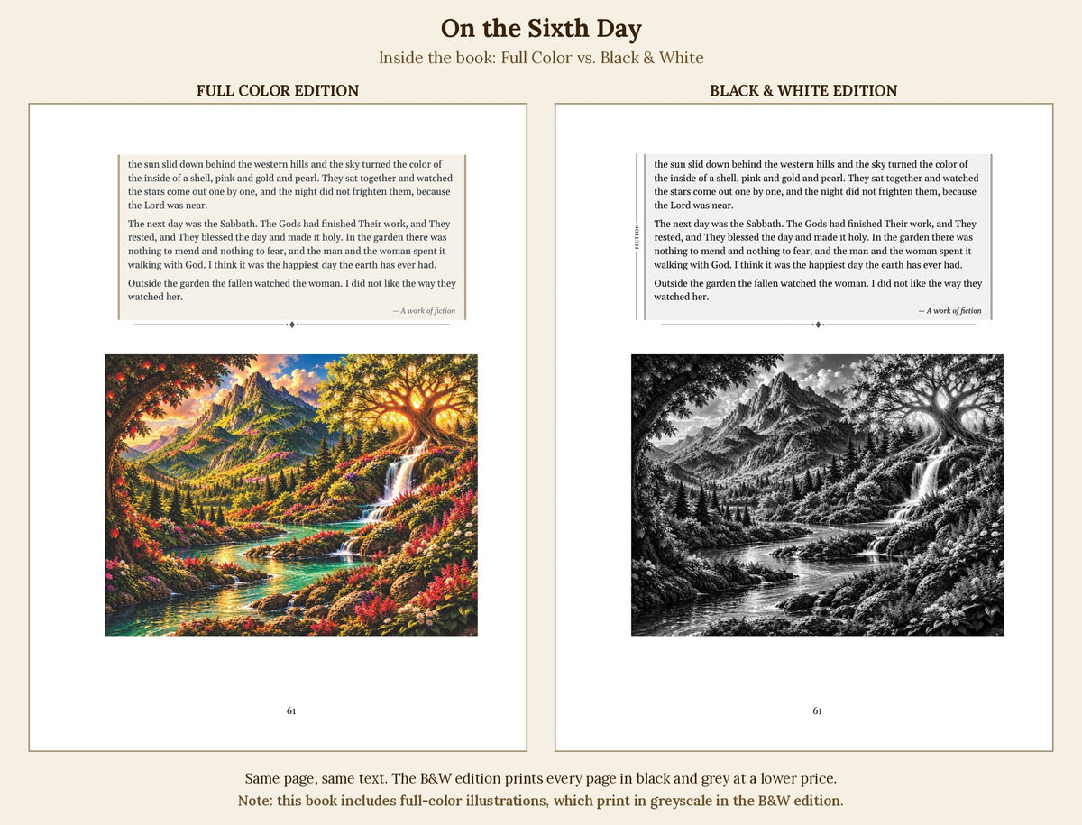 Inside the book: the Tree of Knowledge illustration in the full-color edition and the black & white edition, side by side