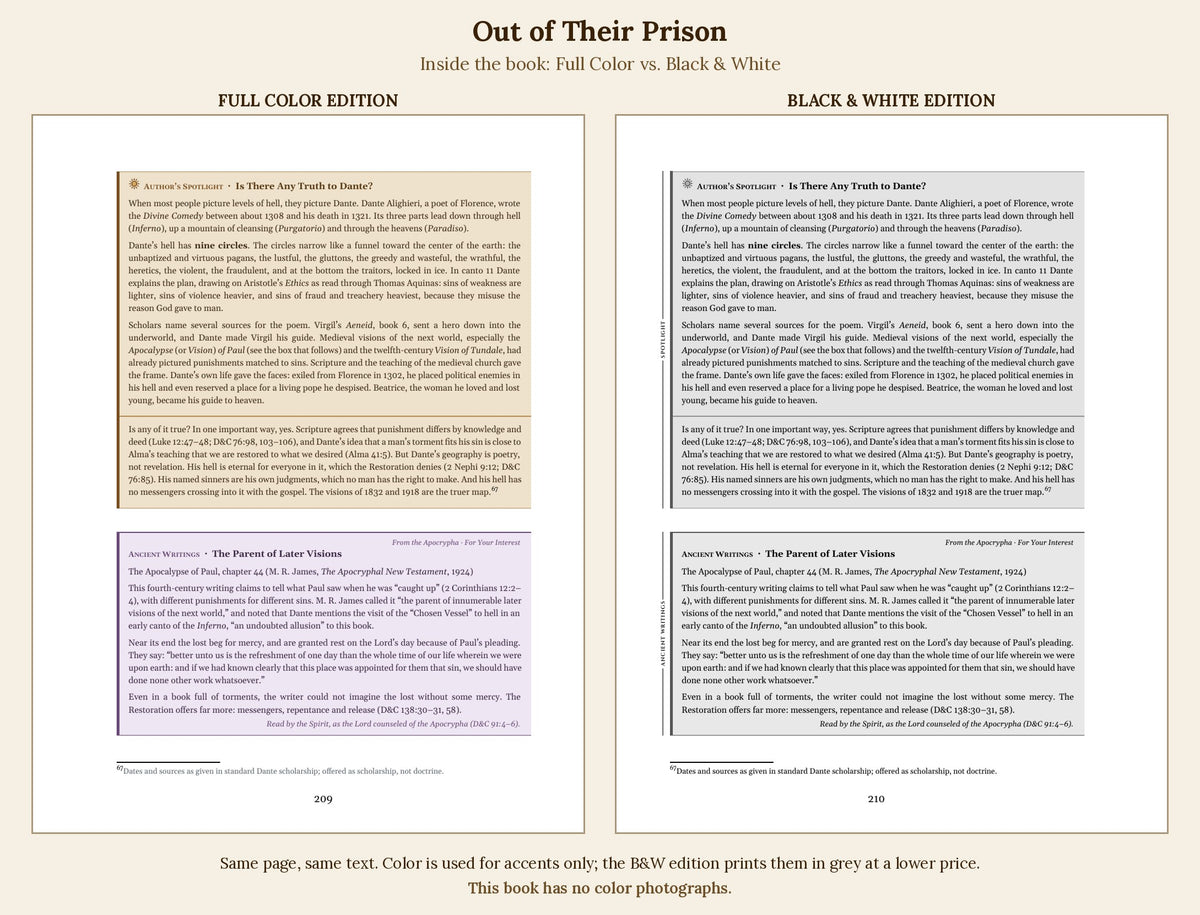 Inside the book: the same page in the full-color edition and the black & white edition, side by side
