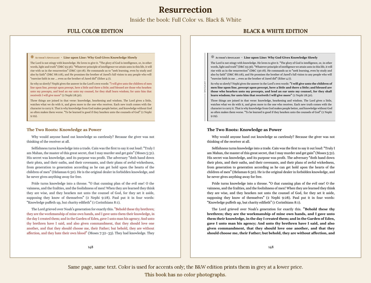 Inside the book: the same page in the full-color edition and the black & white edition, side by side