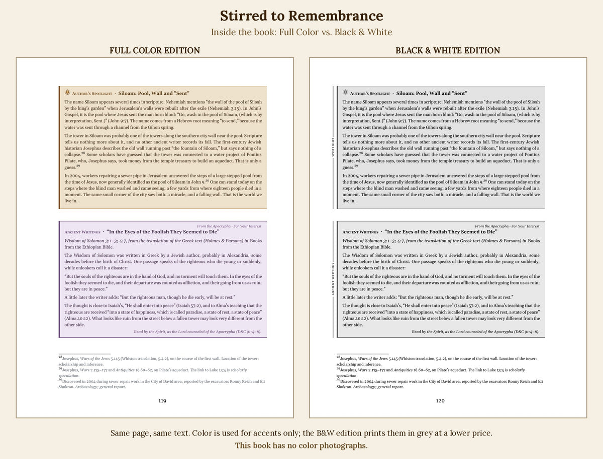 Inside the book: the same page in the full-color edition and the black & white edition, side by side