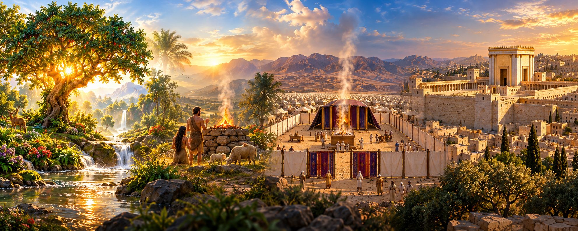 Adam and Eve at their altar outside the garden, the Tabernacle in the wilderness, and the Temple in Jerusalem, in one panorama